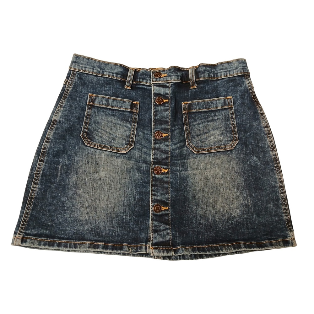 Y2K Gap Women Button Front Denim Mini Skirt Medium Wash Size 8 29 Patch Pockets